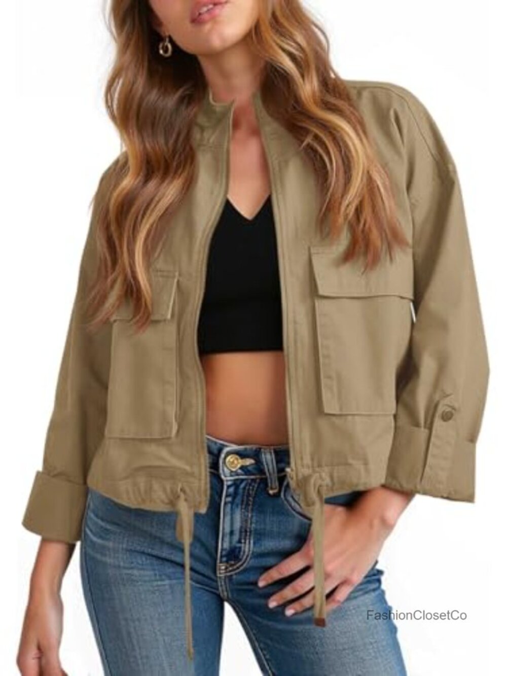 Womens Cropped Military Jacket Casual Lightweight Cotton Zip Up Cargo